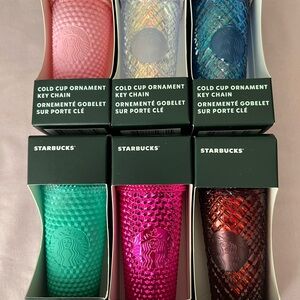Set of 6 adorable Starbucks Tumbler keychain / ornaments. New in box!